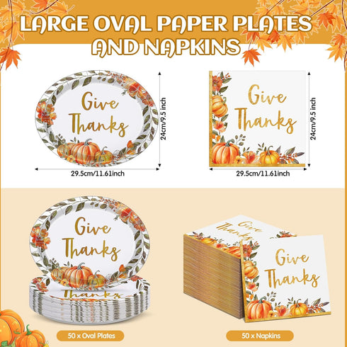 Maxdot 100 10 12 Inch Set 50 Pcs Thanksgiving Plates and Napkins x Disposable Gold Fall Pumpkin Oval Paper Plates