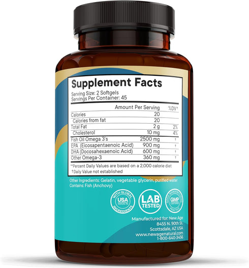 NEW AGE Omega 3 Fish Oil 2500mg Supplement - Non GMO, EPA, DHA Fatty Acids, Gluten Free (180 Softgels)