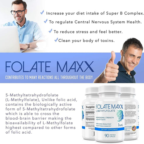 FolateMaxx L-Methylfolate Supplement, 1mg Professional Strength with Optimized Bioactive Methylfolate, 180 Vegetarian