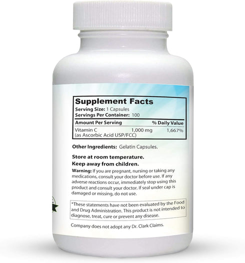Dr Clark Vitamin C Supplement 1000mg - Gluten Free, Immunity Support, Potent antioxidant, Supports Brain Function, Promotes Tissue Formation and Repair, 100 Gelatin Capsules