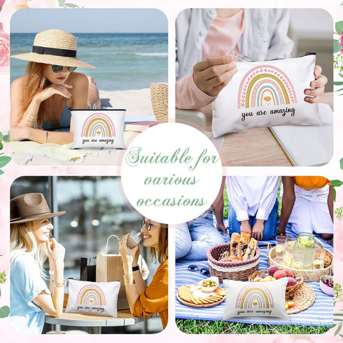 Chunful 10 Pieces Inspirational Canvas Makeup Bags for Women, Rainbow Cosmetic Bags with Zipper, Travel Toiletry Pouch