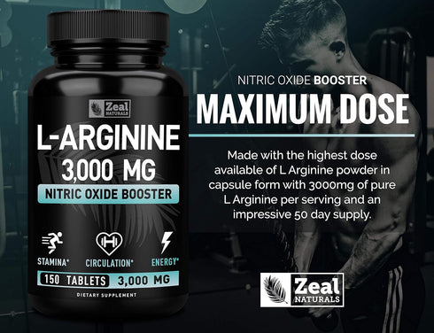 Zeal Naturals L Arginine 3000mg Capsules, 150 Tablets, Nitric Oxide Supplement for Muscle Growth