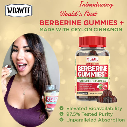 Berberine with Ceylon Cinnamon Gummies — Sugar-free, 98% Pure & 10x Absorption — 1200mg Organic Berberine Supplement for Weight Loss, Immunity, Cardiac, Metabolic & Digestive Health (30 Days)