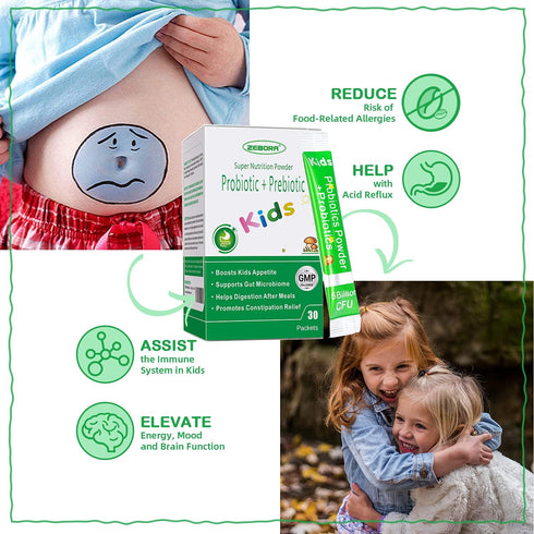 ZEBORA Kids Probiotic & Prebiotics Powder Age 3+, Supports Children's Digestive & Immune System, 30 Packets with 5