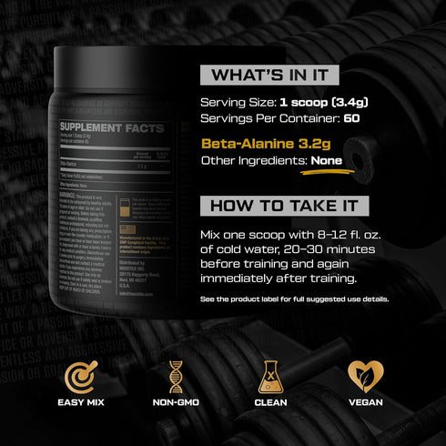 HOSSTILE Beta-Alanine Powder, Pre Workout, Delays Muscular Fatigue, Increases Strength & Performance, Unflavored