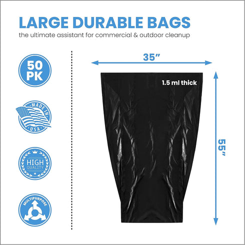 55 Gallon Trash Bags, 55-60 Gallon Trash Bags Heavy Duty (50 COUNT) - Large Black Trash Bags, 50-60 Gallon Garbage Bags for Contractors, Commercial, and Lawn, 35 x 55" - Made in USA