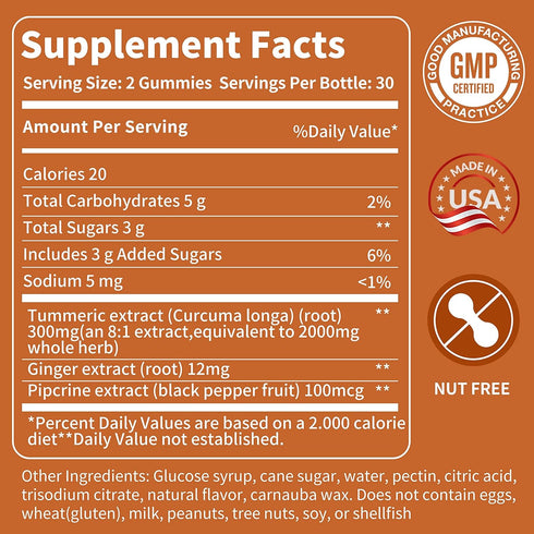 Turmeric Gummies for Adults, Extract 8:1 2000mg, Black Pepper and Ginger Supplements for Joint Support
