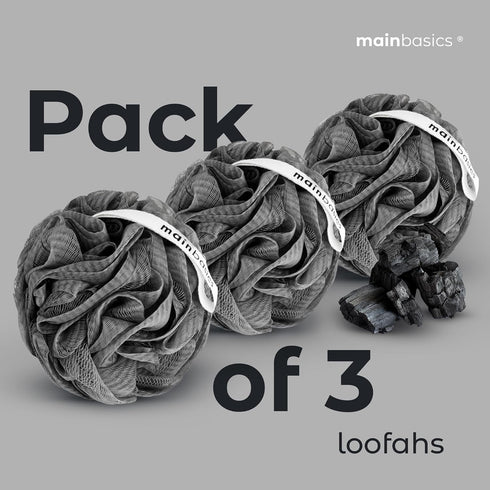 MainBasics Charcoal Infused Bath Shower Loofah Sponge Pouf Body Wash Scrubber - Set of 3