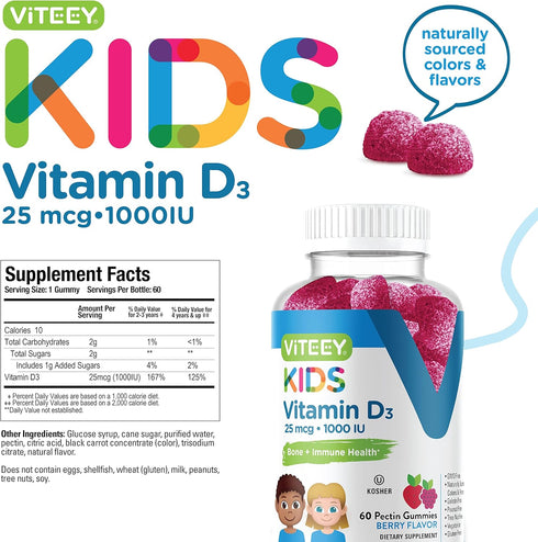 Vitamin D3 Kids Gummies 25mcg 1000 IU, Tasty Chewable Berry Flavored, Bone & Immune Health