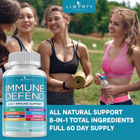 8 in 1 Immune Defense Support Capsules - 1 Pack - with Echinacea, Zinc, Vitamin C, D3, Turmeric & Ginger