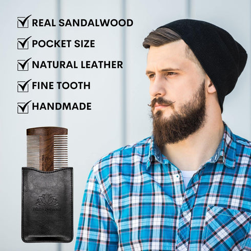 White Naturals Beard Comb for Men - Wooden Natural Sandalwood, Fine Dual Action Teeth, Includes PU Leather Case