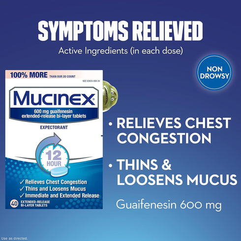 Mucinex 12 Hr Chest Congestion Expectorant Tablets, 40 ea (Pack of 2)