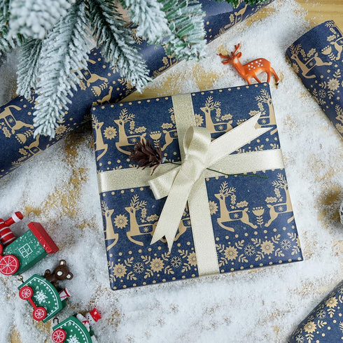 KESTAR 17 Inch 49 (69.4 Christmas Wrapping Paper Roll, Navy Blue Kraft Wrapping Paper, x Feet, Snowflake, Xmas Floral