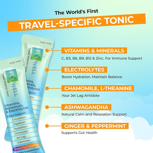 Travel Vitamin Tonic for Flight - Jet Lag, Hydration, Circulation, Immune Support, Passion Fruit Tangerine, 15 Sticks