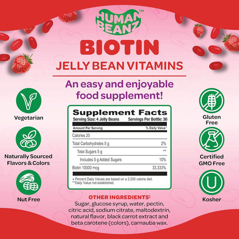 Biotin Jelly Bean Gummy Vitamins, Max Strength 10000mcg for Hair, Skin and Nails, 120 Strawberry Blast Jelly Beans,