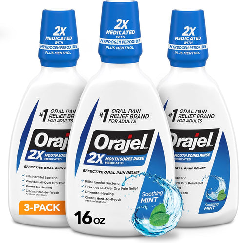 Orajel Nonseptic Mouth Sore Rinse 16oz, Soothing Mint Flavor for Pain Relief and Promotes Healing, 3-Pack