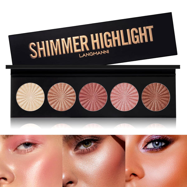 Highlighter Powder Palette, Makeup Palette for Facial Bronzers Illuminator, Waterproof Long Lasting (5 Color, 1 Count)
