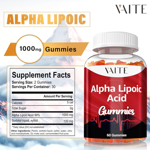 Alpha Lipoic Acid Gummies, Extra Strength ALA Antioxidant Supplement for Brain Health, 60 Chewable Pain Relief (2 Pack)