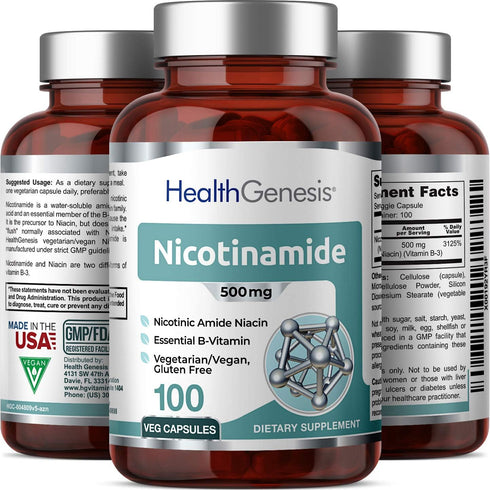B-3 Nicotinamide 500 mg 100 Vcaps - Natural Flush-Free Vitamin Formula for Skin Cell Health