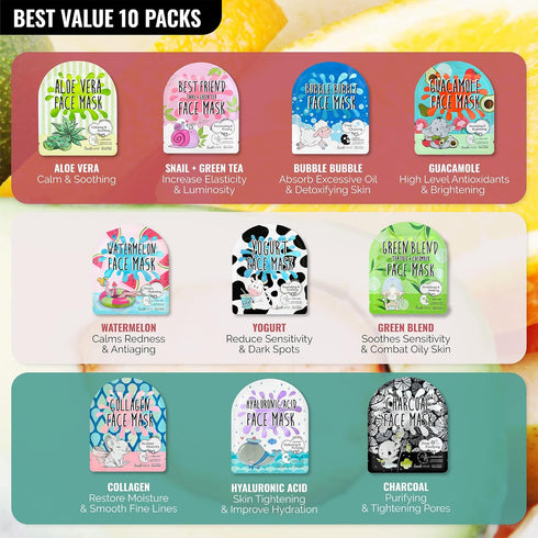 NATURAL Korean Sheet Mask (10 pcs set) made with Premium Tencel, Hydrating Face Masks for Women, Teen, Girls, Mens,
