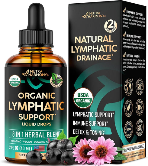USDA Organic Lymphatic Drainage Drops - 2 fl - Immune System Support & Cleanse with 8-in-1 Herbs, Made in USA