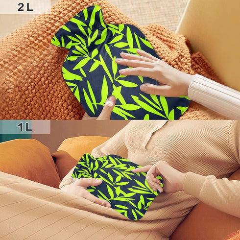 miaozhen 2L Neon Green Leaf Dark Blue hot Water Bottle with Soft Cover Warm Water Bottle for Bed for Menstrual Cramps