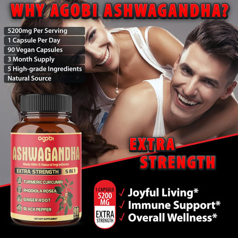 Ashwagandha Supplement Capsules, 90 Count with Ginger Root, Turmeric, Rhodiola Rosea & Black Pepper