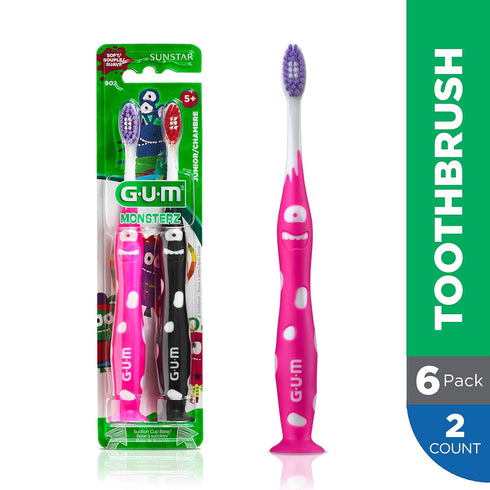GUM Monsterz Jr Kids’ Toothbrush, Soft Bristled with Suction Cup, For Ages 5+, 2ct