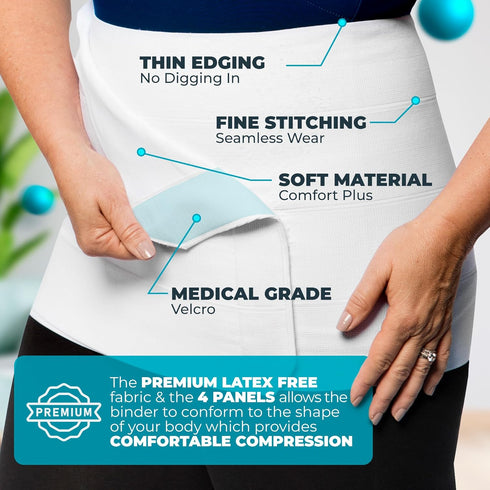 QORE LOGIQ Plus Size Abdominal Binder Post Surgery, C Section Belly Binder, Adjustable 12" Compression Wrap, White XL