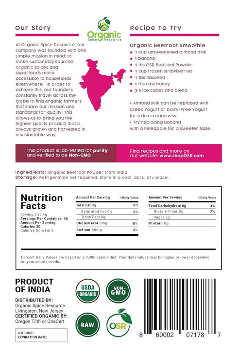 Organic Beet Root Powder, 8 oz or 226g, USDA Organic Approved, Raw and Non-GMO, Nitric Oxide Booster, Increases Stamina