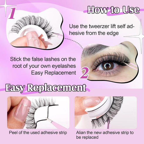 wiwoseo False Eyelashes - Self-Adhesive Natural Wispy Fluffy 16MM Faux Mink Lashes, Reusable