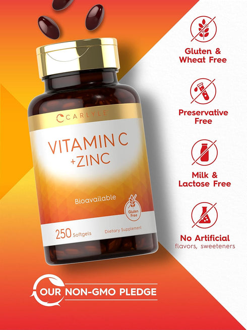 Carlyle Vitamin C with Zinc, 250 Softgels, Bioavailable, Non-GMO & Gluten Free Supplement