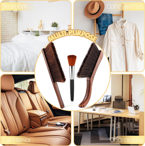 3 Pcs Wooden Hand Broom Set with Long Soft Bristles, Detail Brushes for Dusting Home, Car, Sofa, Workshop Cleaning