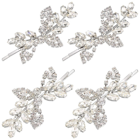 Waydress 4 Pcs Rhinestone Hair Clip, Decorative Leaf Crystal Barrette Accessories for Women (Silver)
