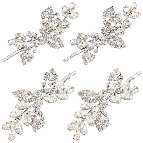 Waydress 4 Pcs Rhinestone Hair Clip, Decorative Leaf Crystal Barrette Accessories for Women (Silver)