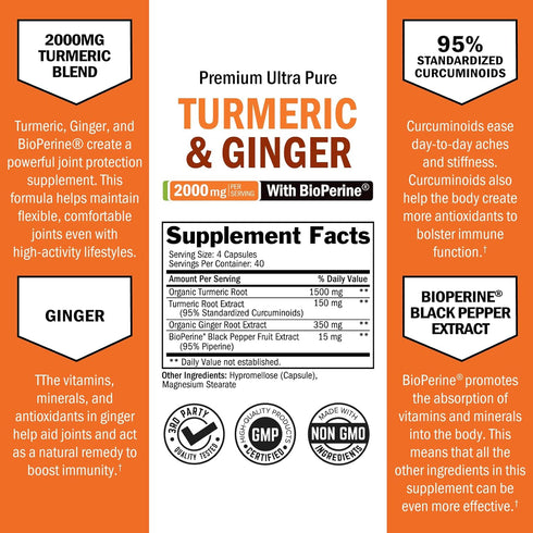 Turmeric Curcumin and Ginger 2000mg - 160 Capsules for Joint & Immune Support, Gluten-Free, Non-GMO