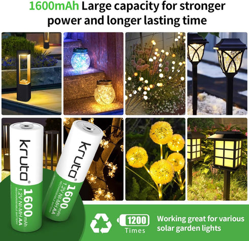 Kruta Rechargeable AA Batteries 12-Pack 1600mah 1.2V NiMH High Capacity Double AA Solar Batteries for for Garden Landscaping Outdoor Solar Lights, String Lights, Pathway Lights - Precharged
