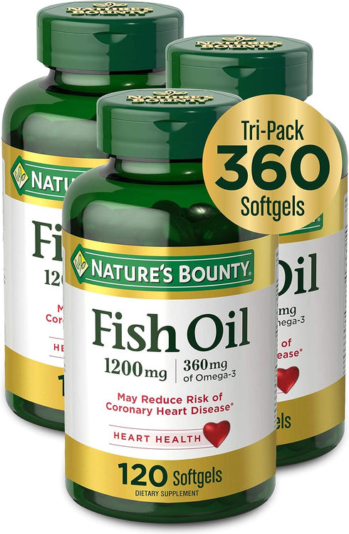 Nature’s Bounty Fish Oil, 1200mg, 360mg Omega-3, 120 Softgels (3 Pack, 360 Total)