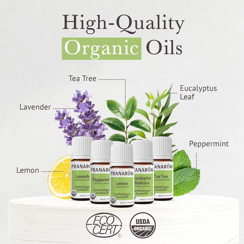 Pranarom - Top 5 Essential Oil Kit (5-Pack of 5ml) - Lavender, Peppermint, Tea Tree, Eucalyptus, Lemongrass