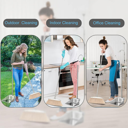 Stainless Steel Broom and Dustpan Set for Home, Heavy Duty Long Handle Dustpan Broom Set for Indoor Outdoor Kitchen Use