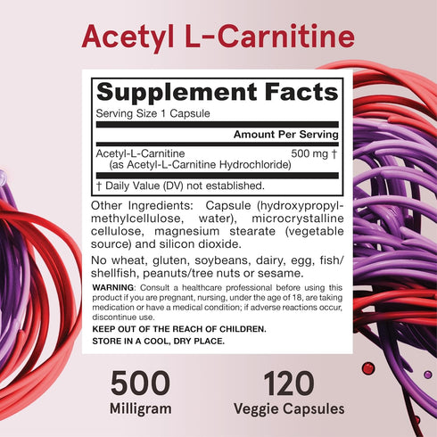 Jarrow Formulas Acetyl L-Carnitine 500mg, Dietary Supplement, 120 Veggie Capsules, Brain Health Support