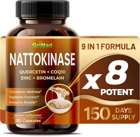 Nattokinase 8,800mg X8 Power with Quercetin, CoQ10, Zinc for Digestion & Immunity, Made in USA