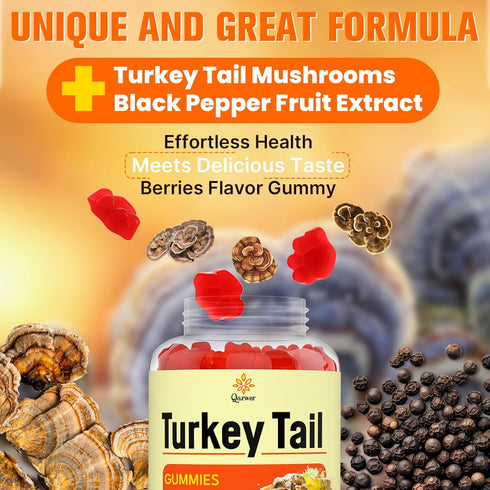 Qazwer (100% 40% Gummies Immune 60ct Turkey Tail Mushroom, Turkey Tail Fruiting Body, Beta Glucans) add Black Pepper
