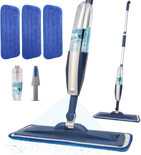 Wet Spray Mop for Floor Cleaning, Refillable Spray Bottle with 3 Washable Microfiber Pads, Home or Commercial Use, Blue