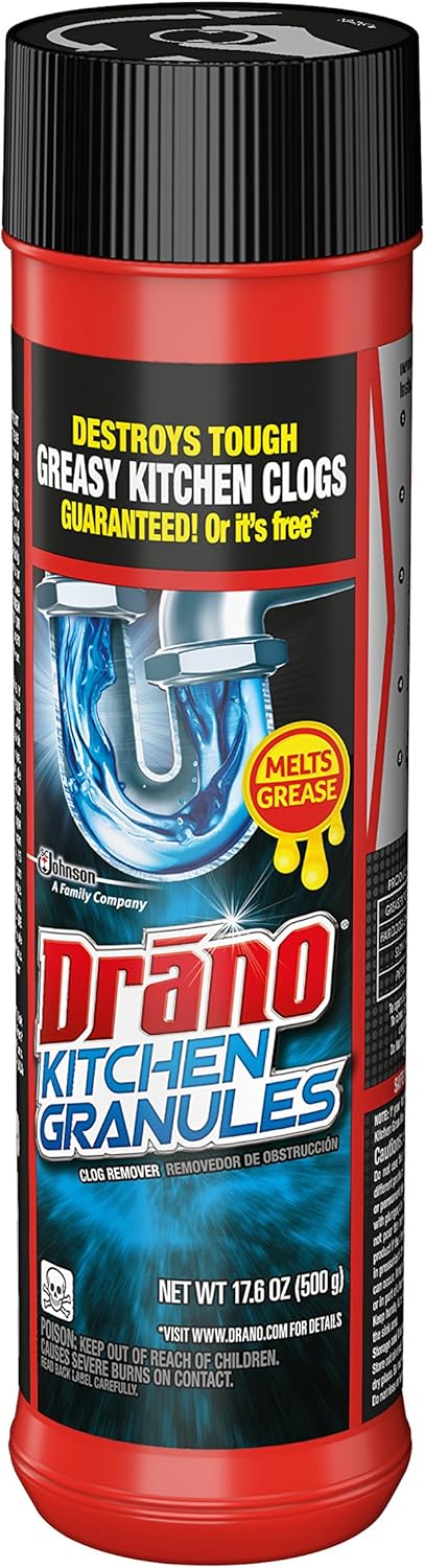 Drano Kitchen Granules Drain Clog Remover - Unclogs Grease or Cooking Oil Blockage, 17.6 oz