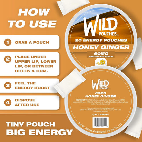Wild Pouches 60mg 20 Wild Single Caffeine Pouches Nicotine Free Honey Ginger - x Energy Pouches - Caffeine Pouch