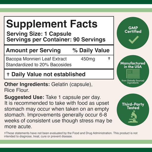 Bacopa Monnieri Capsules 20% Bacosides 450mg, 90 Count (Non-GMO, Gluten Free) Brahmi Extract (Memory Supplement for Brain Health, Focus, and Cognitive Function) by Double Wood