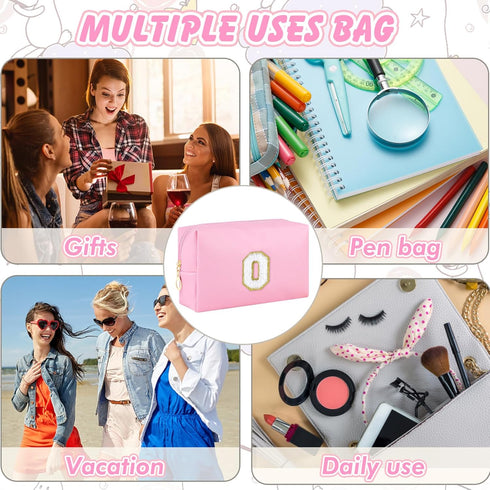 Personalized Initial Makeup Bag, Cute Pink Chenille Letter Cosmetic Pouch, Waterproof Zippered Toiletry Organizer for
