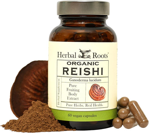 Herbal Roots Organic Reishi Mushroom Capsules - Made with Fruiting Bodies -