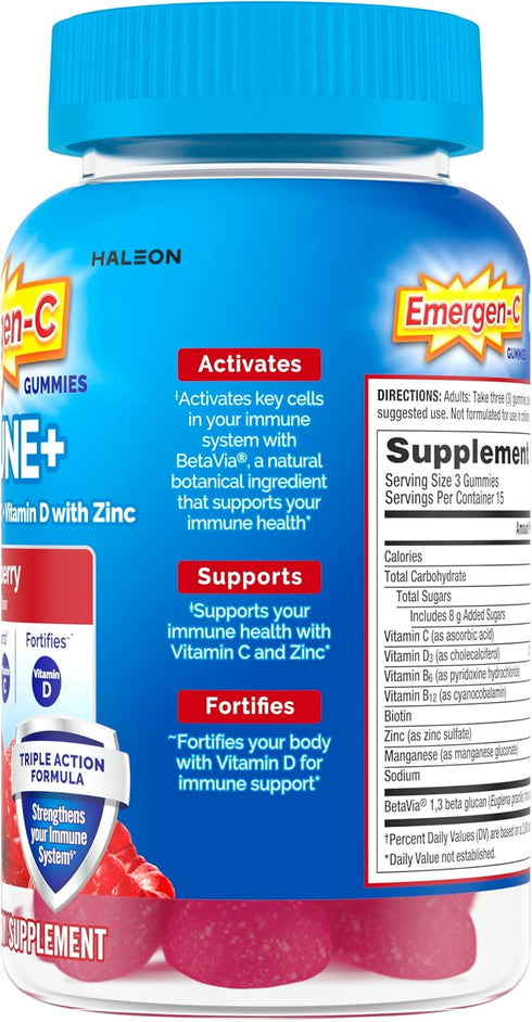 Emergen-C Immune+ Gummies, Vitamin D Plus 750 mg Vitamin C, Immune Support Dietary Supplement, Raspberry Flavor - 45